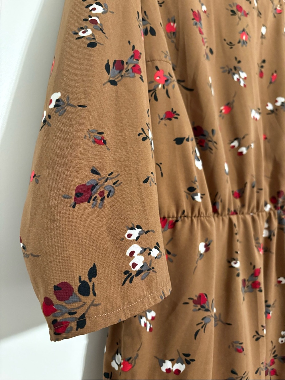 Tiered Floral Midi Dress in Camel with Red Accents - Picture 2 of 6